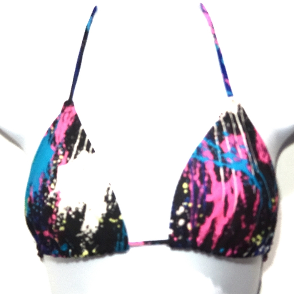 OP Black Splatter Paint Print Triangle Halter Tie Bikini Top Swimsuit Size M 7-9